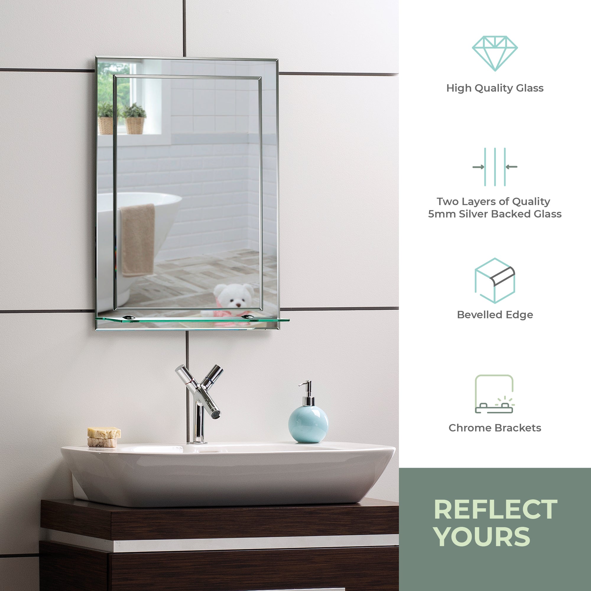 Iowa Rectangular Bathroom Mirror with Shelf 3 Sizes 70Hx50Wcm, 60Hx43Wcm, 50Hx40Wcm