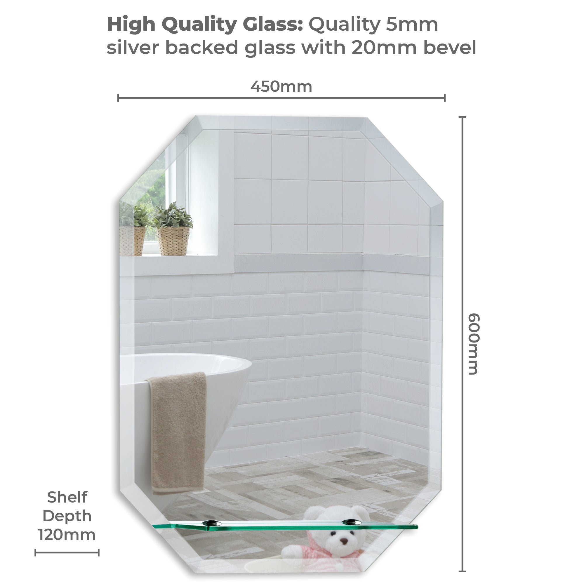 Fayre Octagonal Bathroom Wall Mirror with Shelf 60Hx45Wcm